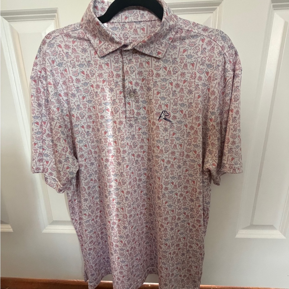 Rhoback Men's Polo Shirt - Red and White American Icons Pattern sz M